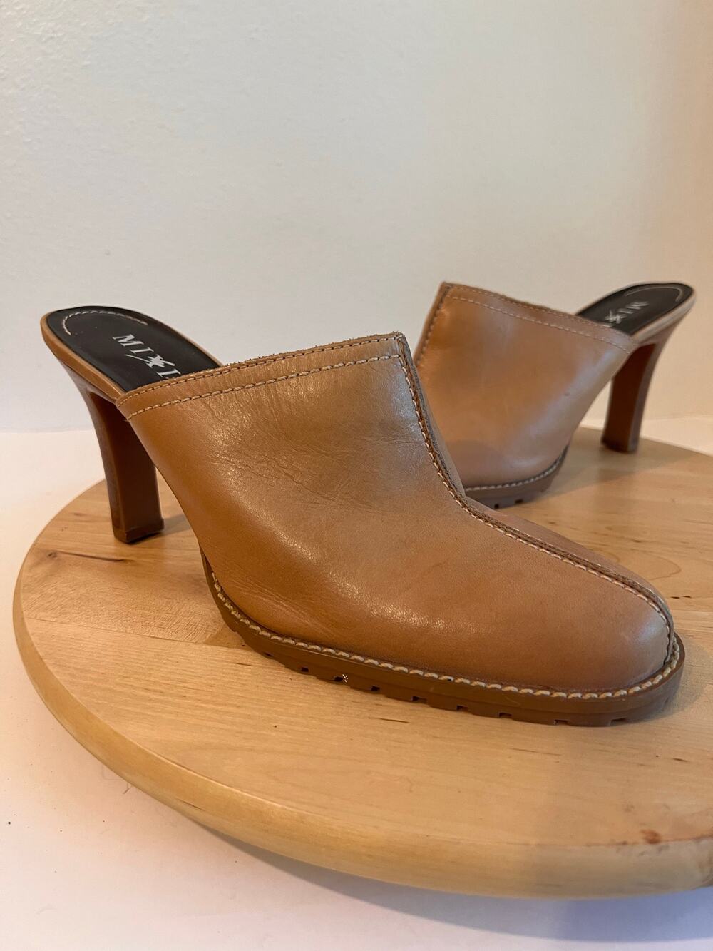 Y2K Vintage Tan Genuine Leather Western Heeled Clog Mule Size 8 Made in Brazil